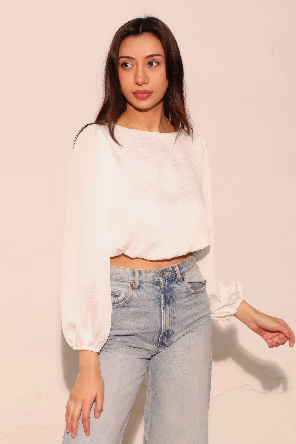 Hammered Satin Long Sleeve Crop Top