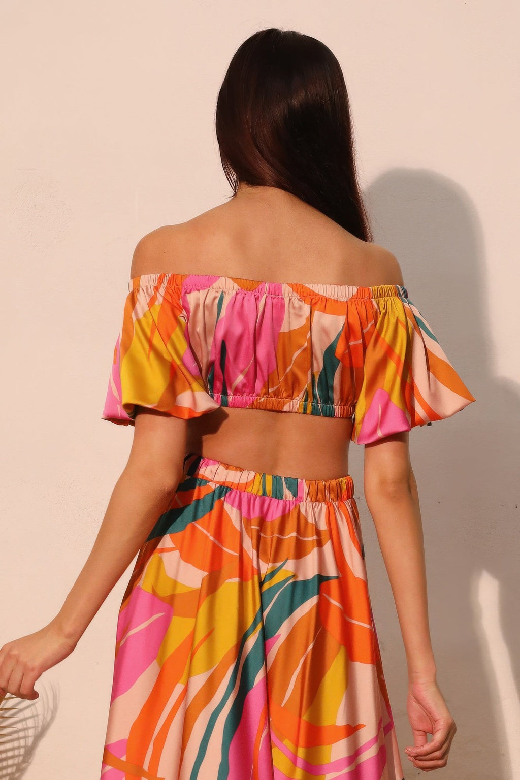 Isla Tropical Satin Bubble Sleeve Crop Top