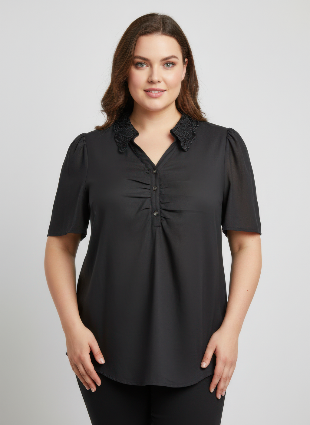 Lace Collar Button Detail Flutter Sleeve Top