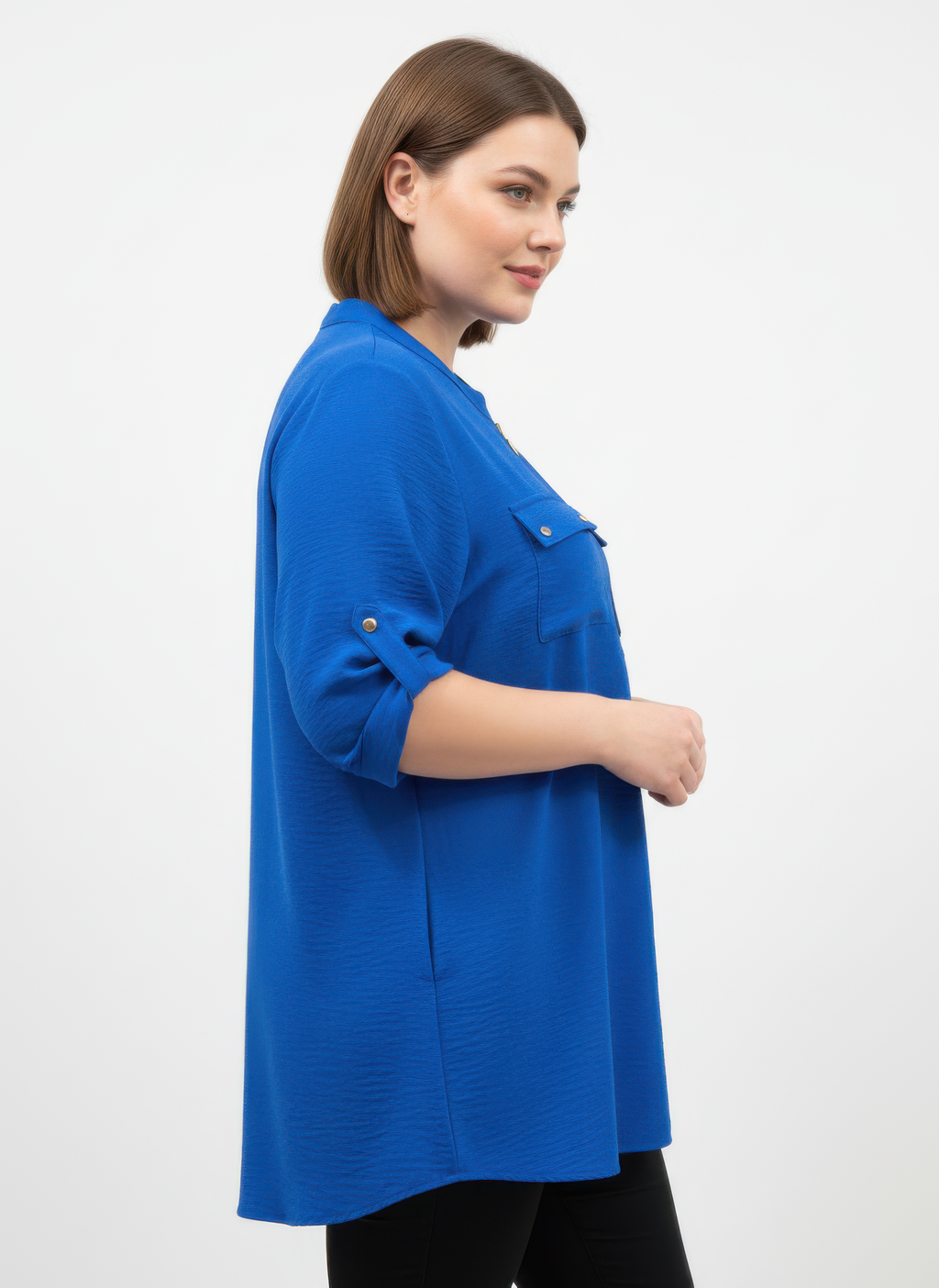 Zip-front Utility Pocket Roll-tab Sleeve Top