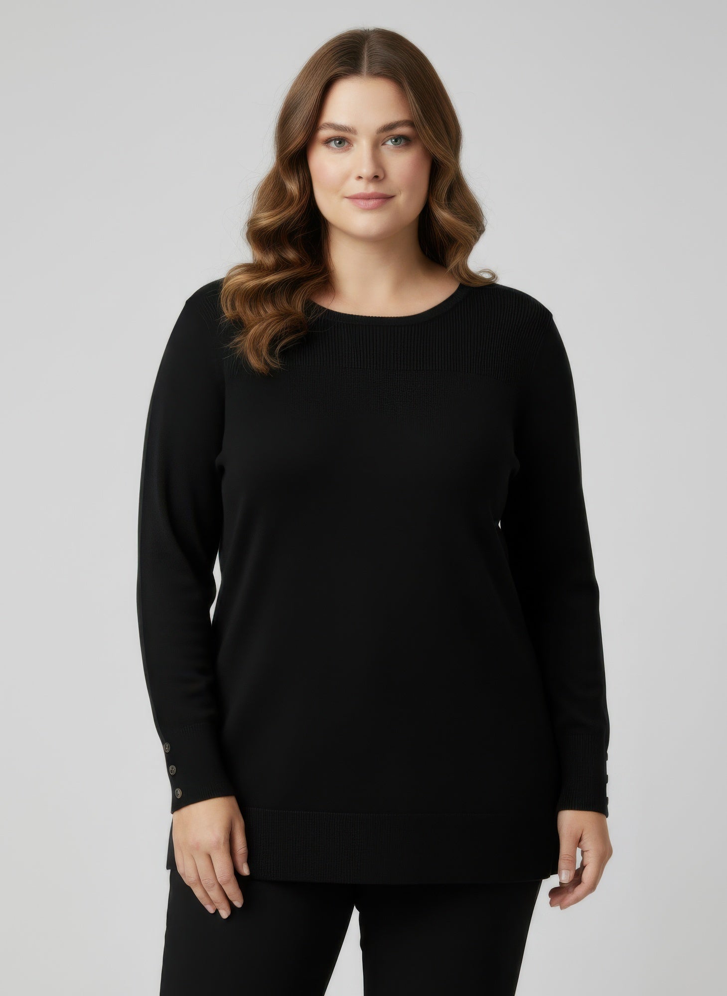 Mocha Button Cuff Ribbed Knit Tunic Top