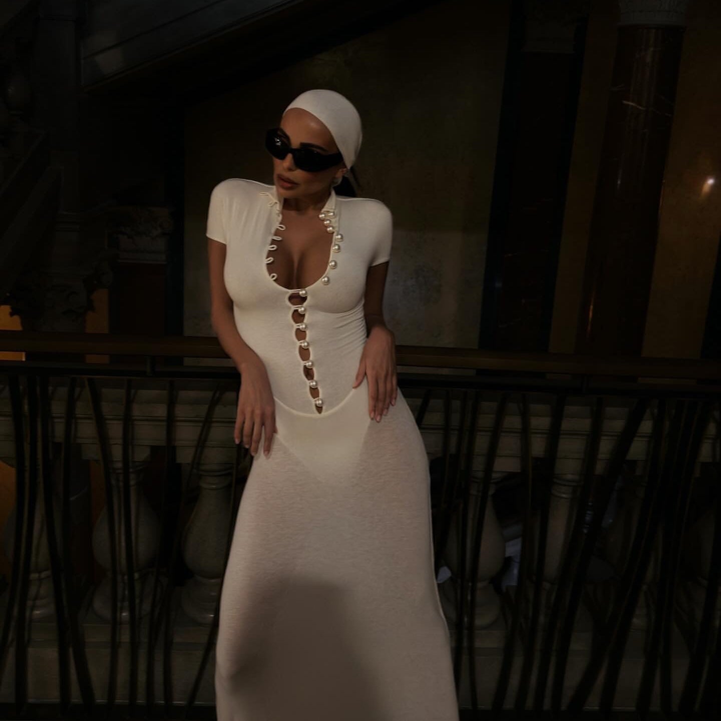 Caroline Baby-Soft Knit Pearl Button Maxi Dress with Built-In Bodysuit