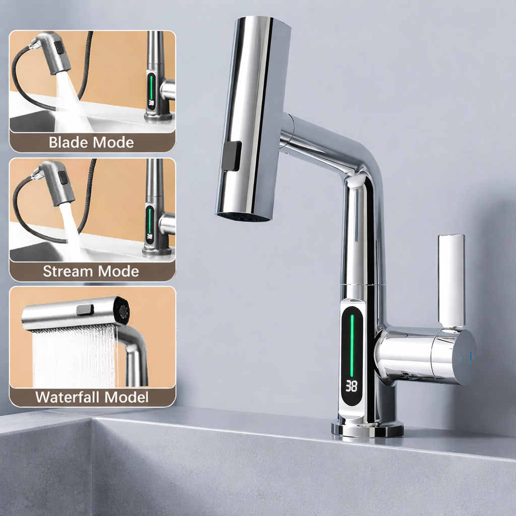 Pull Out Waterfall Kitchen Faucet Digital Display Hot Cold Mixer Sink Tap