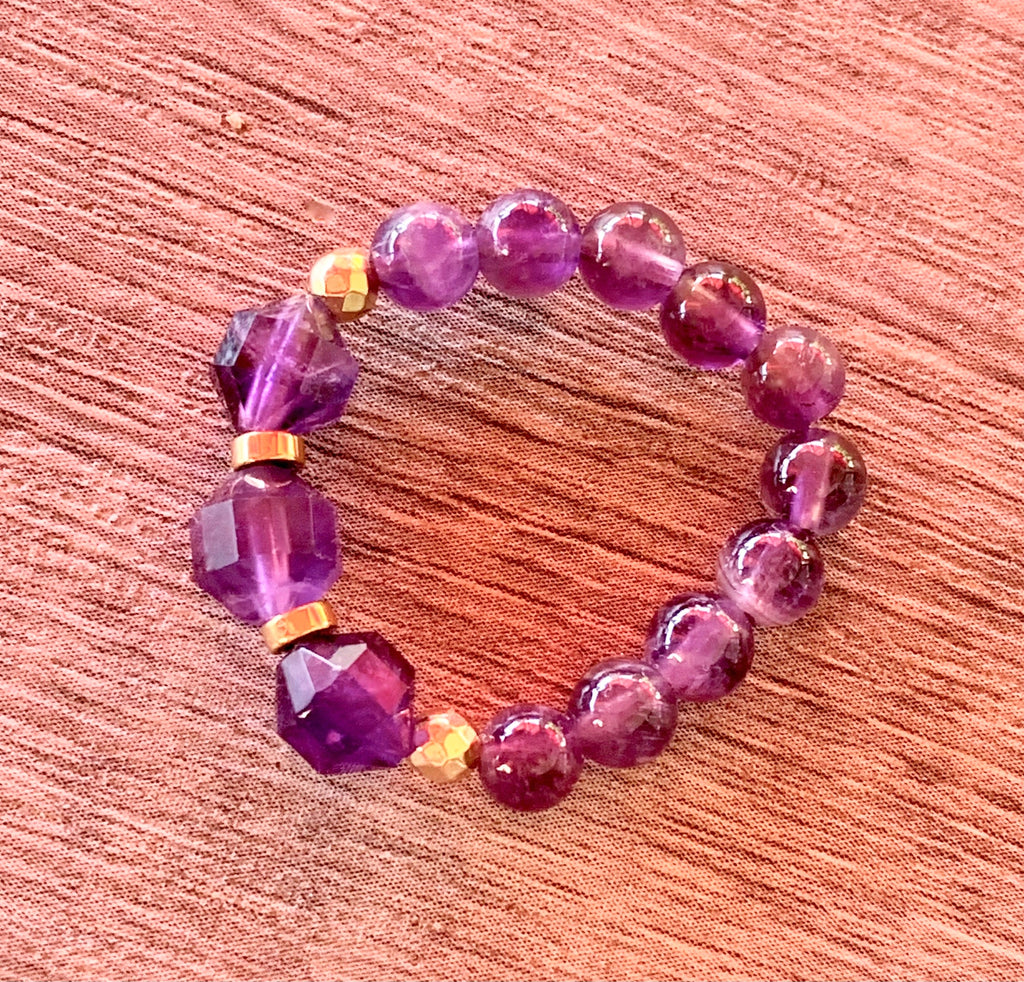 Christine Handmade Amethyst and Gold Plated Hematite Expandable Ring
