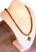 Christof Handmade Wood, Tigers Eye, and Hematite 24" Necklace With A Vintage Greek Square Cross