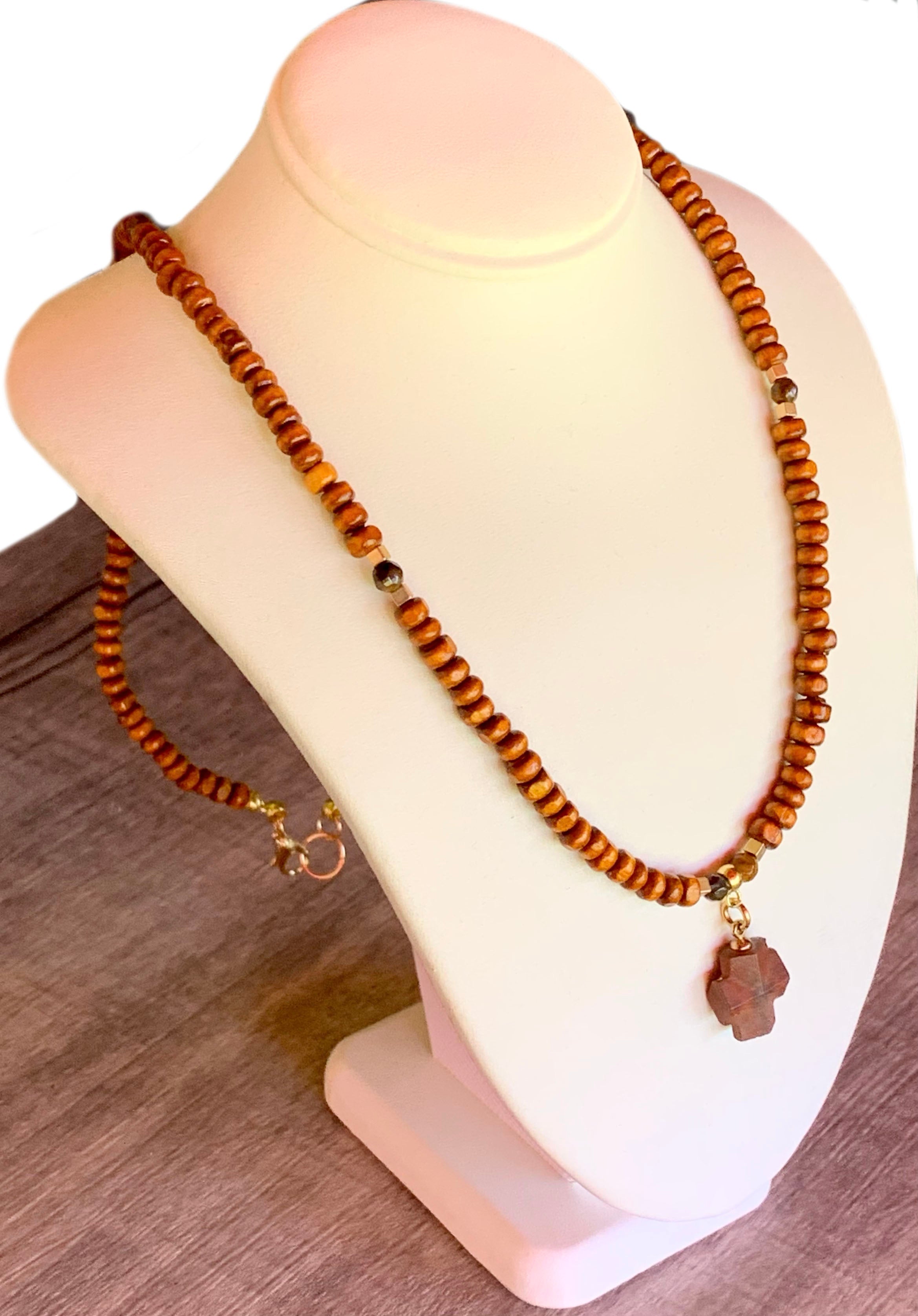 Christof Handmade Wood, Tigers Eye, and Hematite 24" Necklace With A Vintage Greek Square Cross