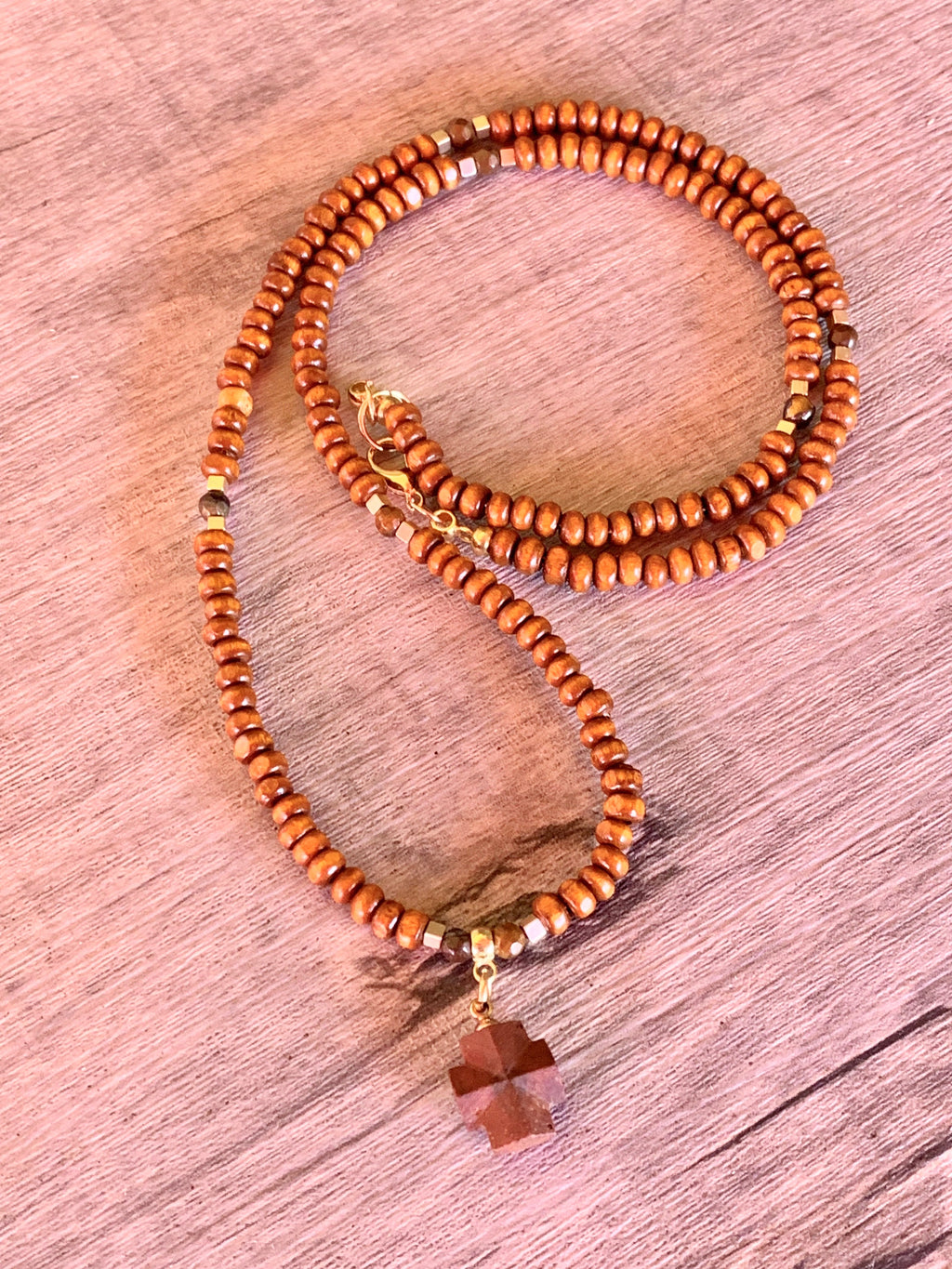 Christof Handmade Wood, Tigers Eye, and Hematite 24" Necklace With A Vintage Greek Square Cross