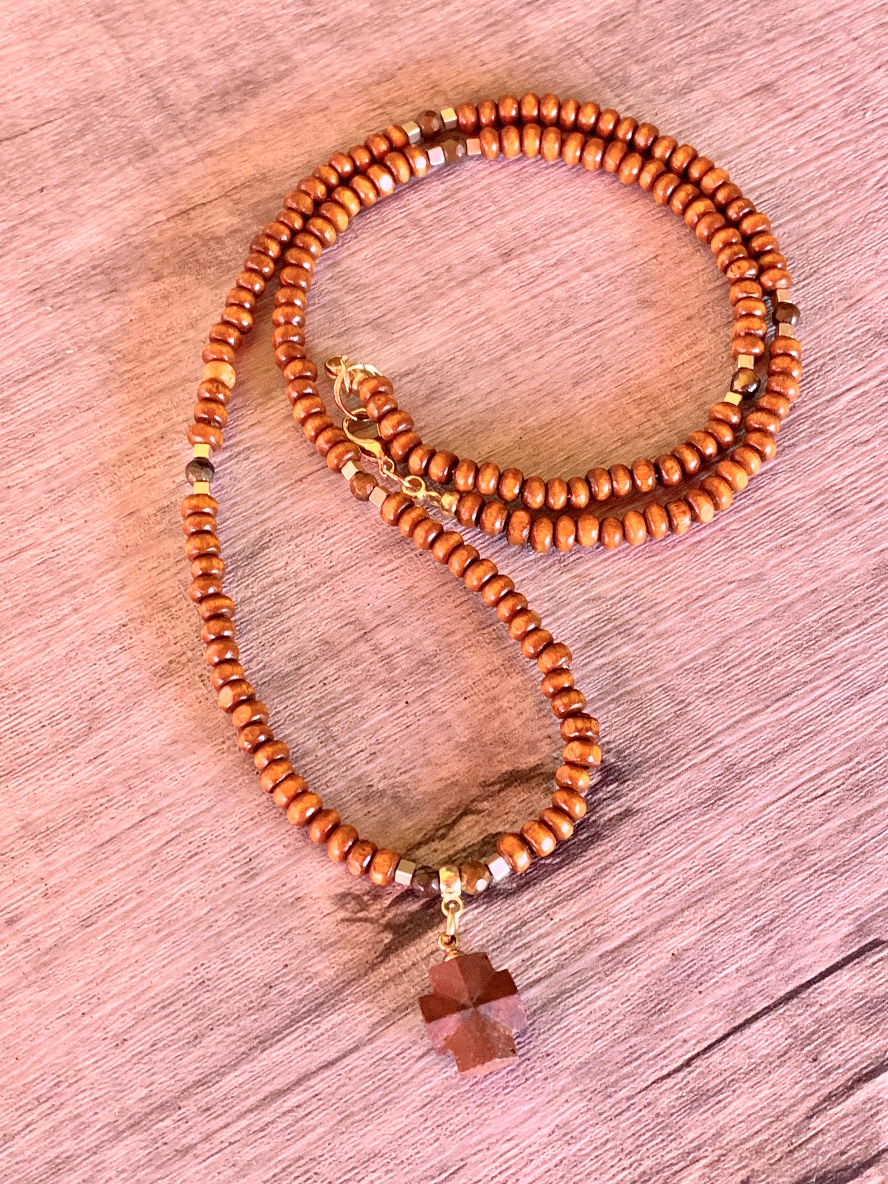 Christof Handmade Wood, Tigers Eye, and Hematite 24" Necklace With A Vintage Greek Square Cross