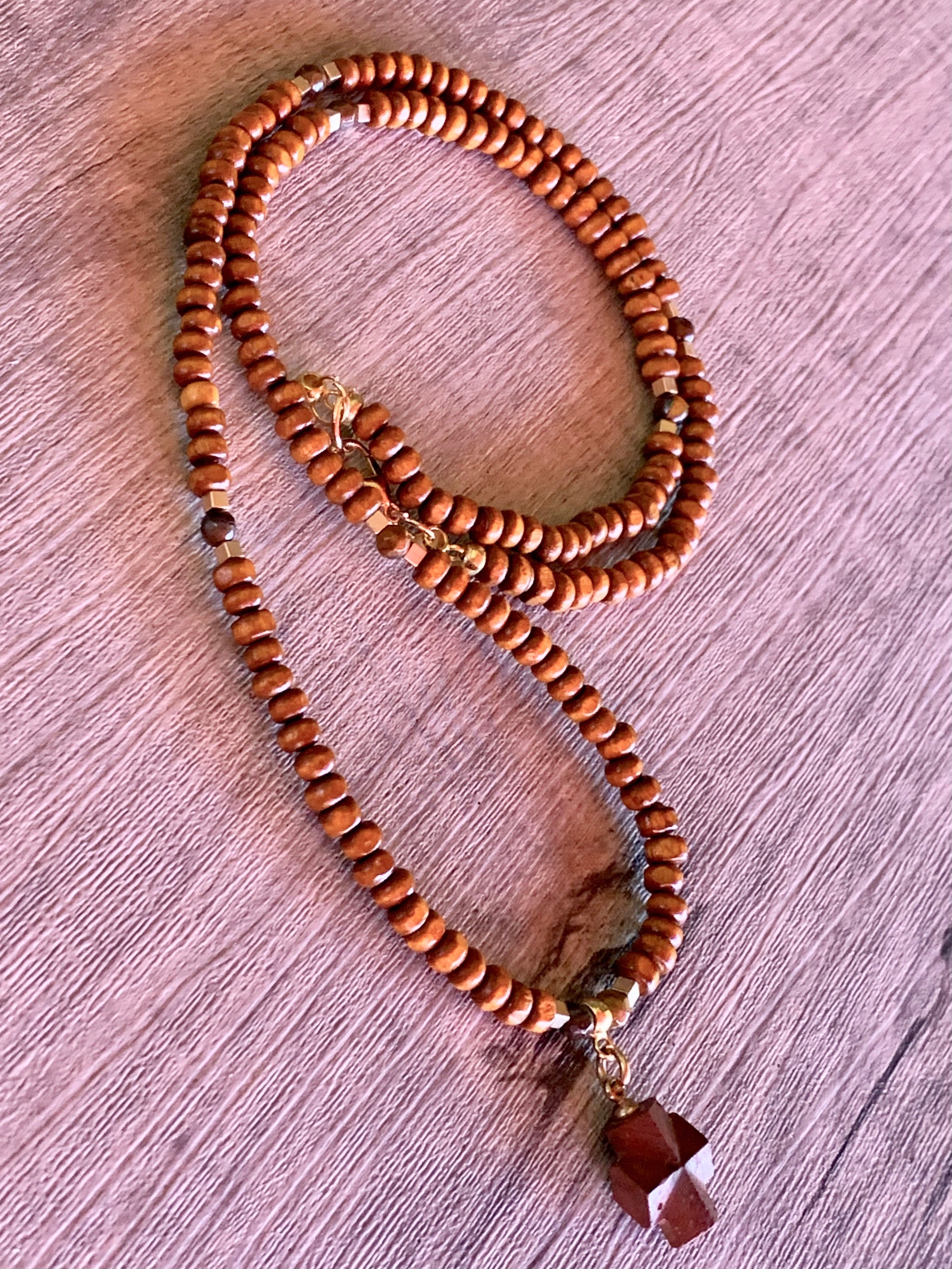 Christof Handmade Wood, Tigers Eye, and Hematite 24" Necklace With A Vintage Greek Square Cross
