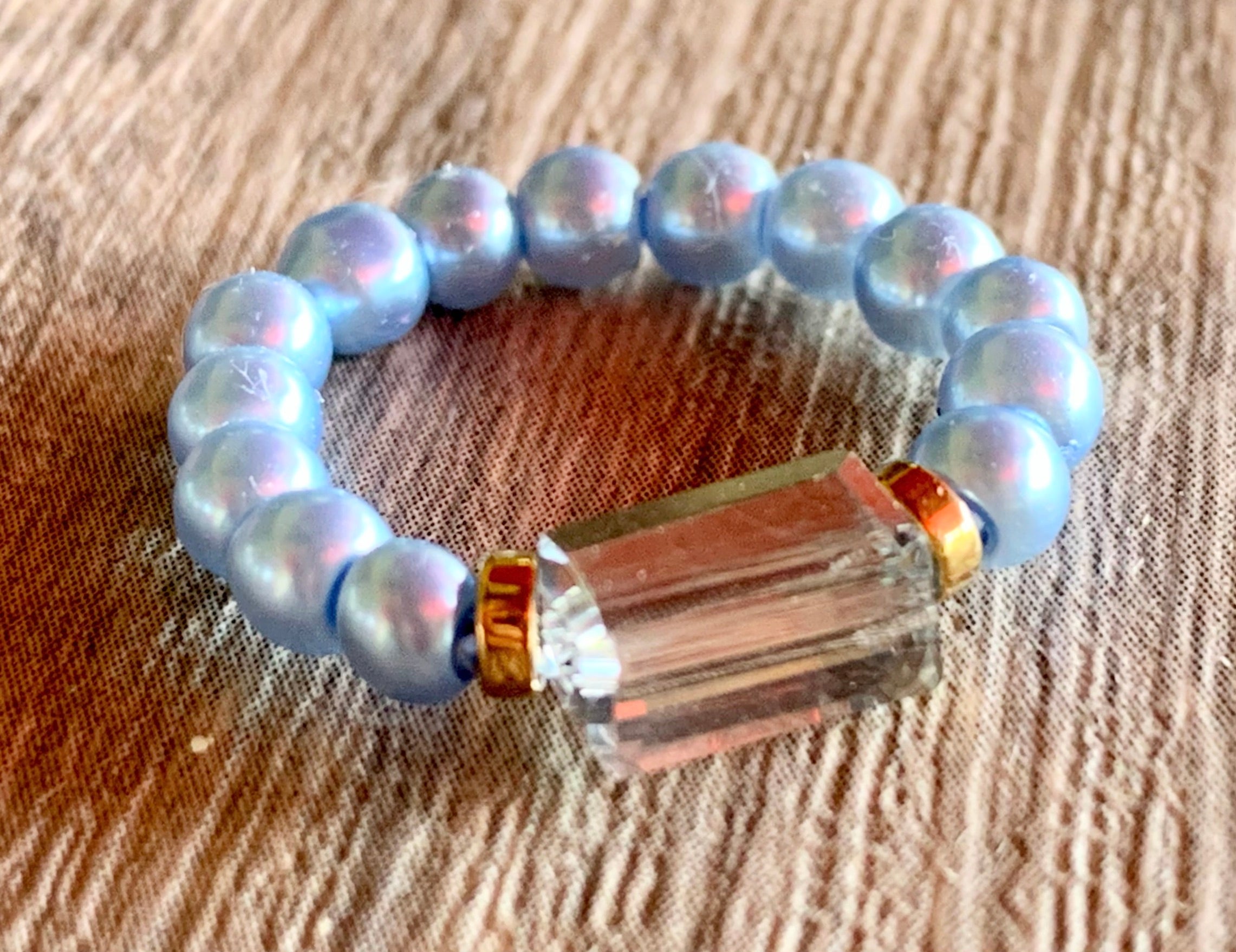 Claire Handmade Austrian Crystal, Hematite, and Faux Blue Pearl Expandable Ring
