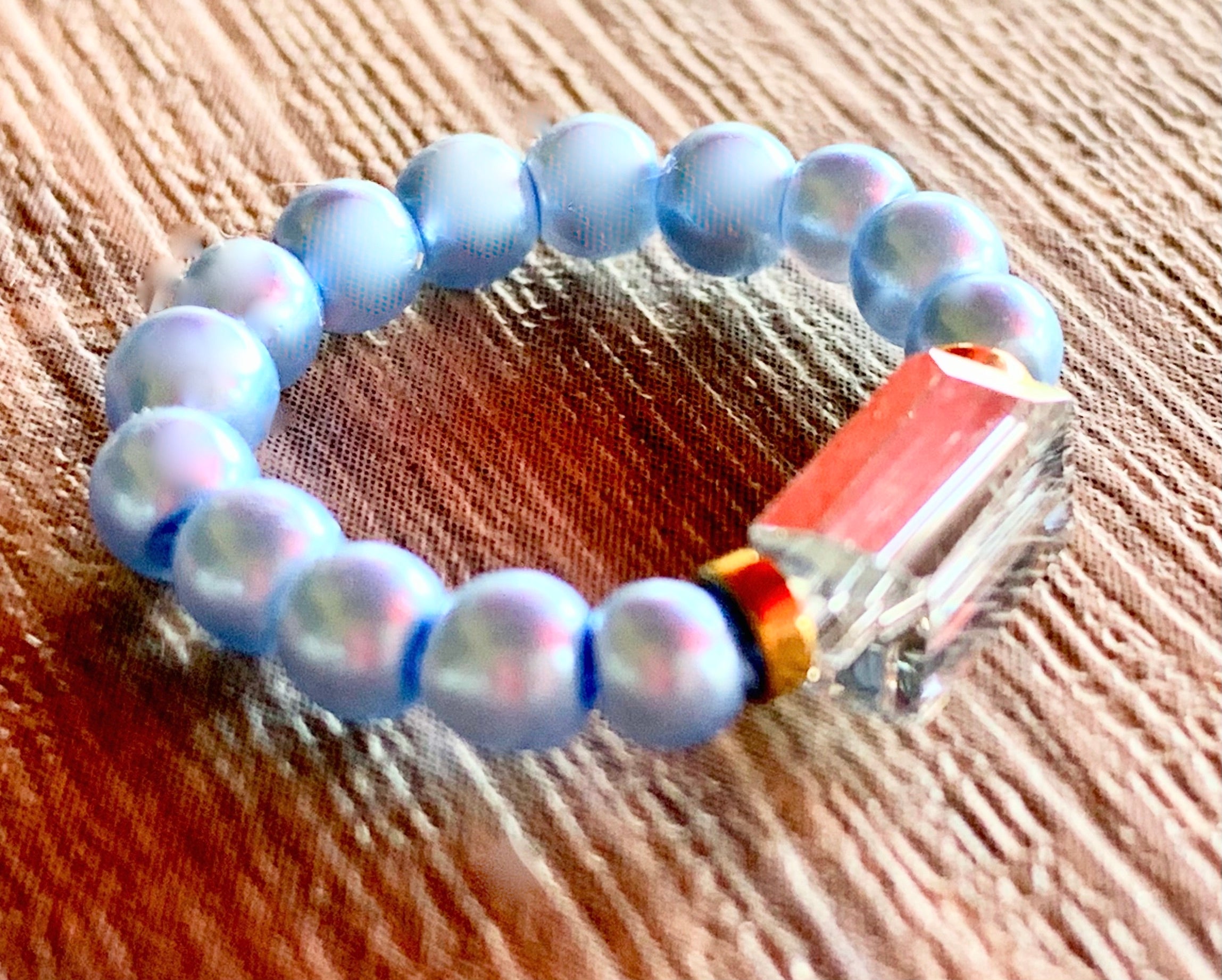 Claire Handmade Austrian Crystal, Hematite, and Faux Blue Pearl Expandable Ring