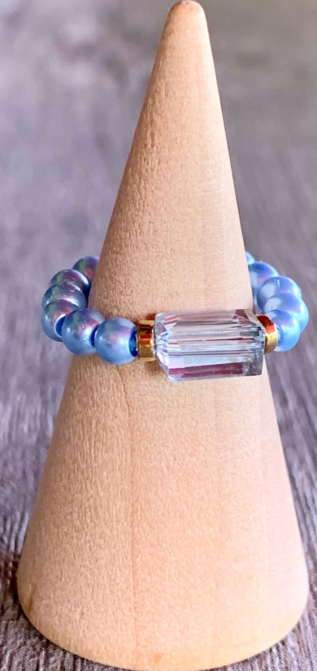 Claire Handmade Austrian Crystal, Hematite, and Faux Blue Pearl Expandable Ring
