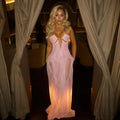 Coral Cascade Sheer Draped Pink Maxi Dress With Crystal Detail