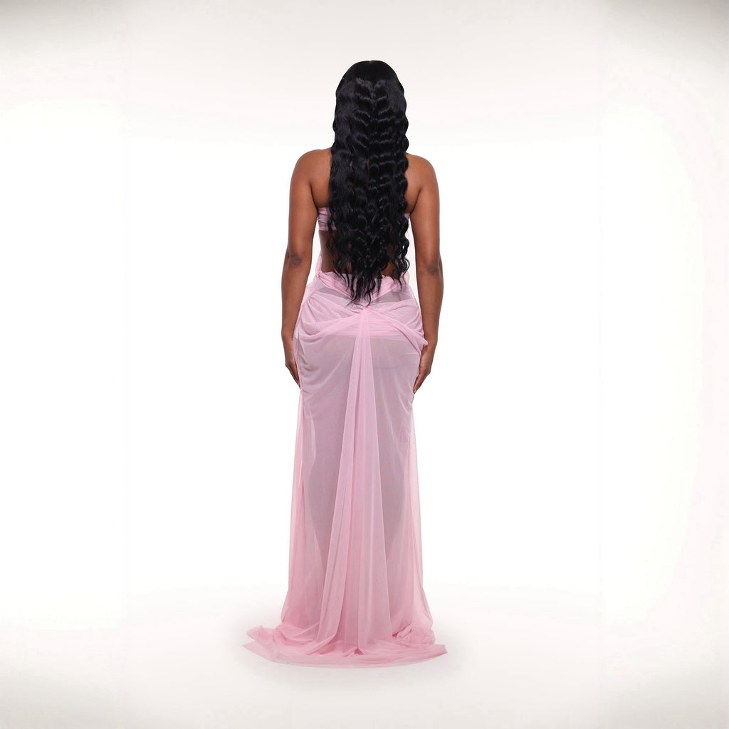 Coral Cascade Sheer Draped Pink Maxi Dress With Crystal Detail