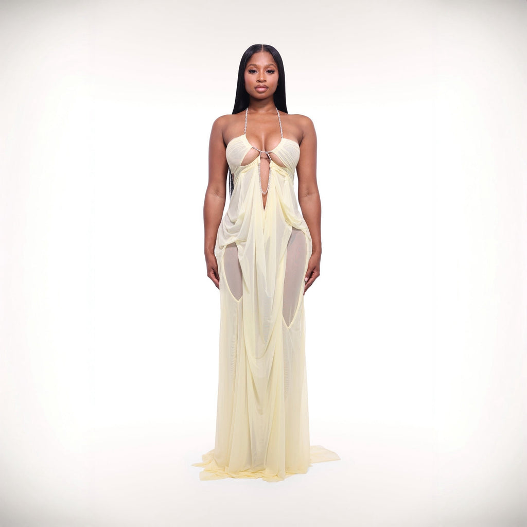 Coral Cascade Sheer Draped Yellow Maxi Dress With Crystal Detail