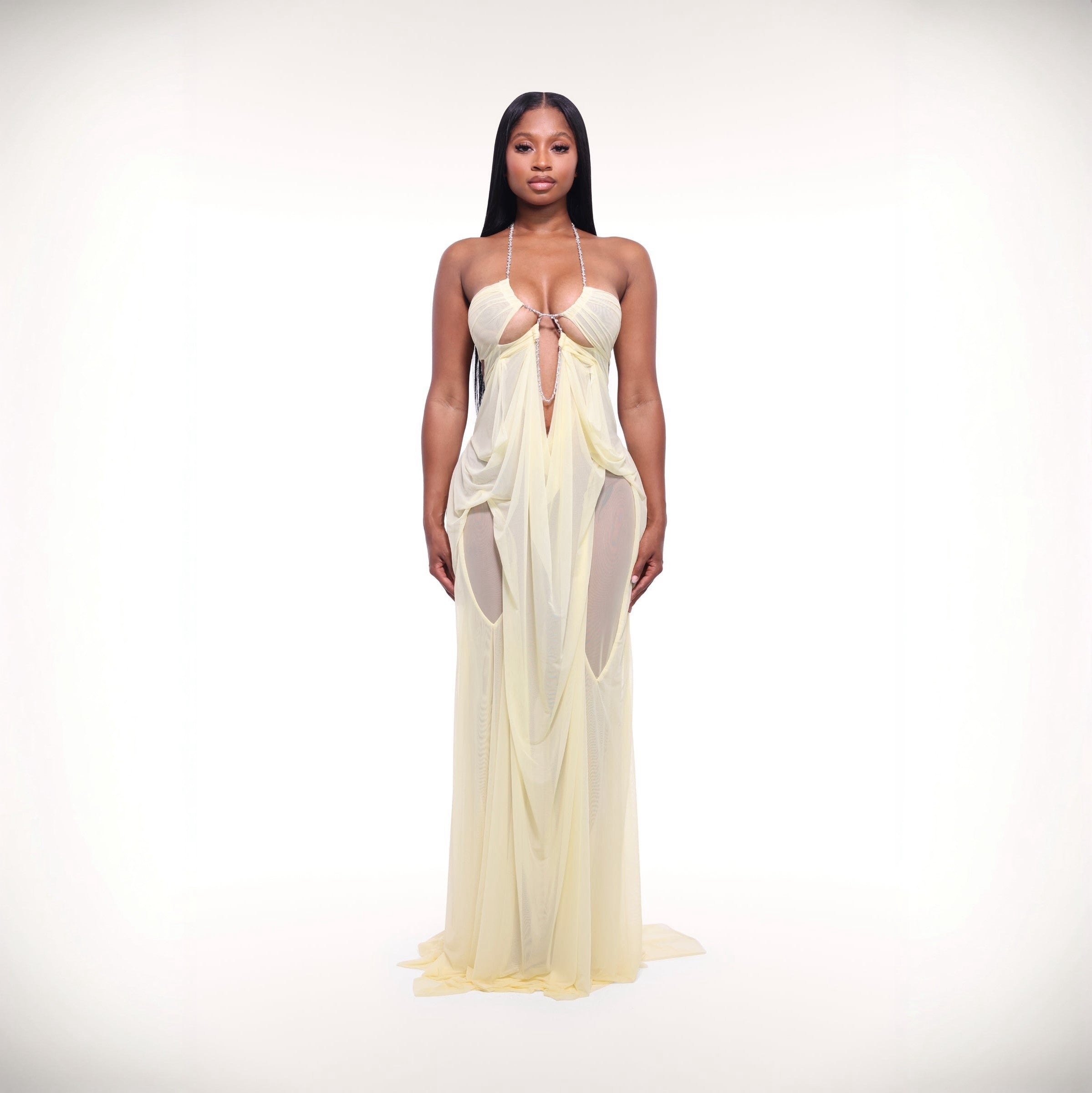 Coral Cascade Sheer Draped Yellow Maxi Dress With Crystal Detail