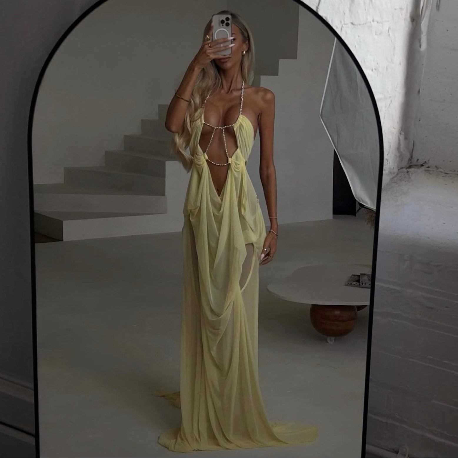 Coral Cascade Sheer Draped Yellow Maxi Dress With Crystal Detail