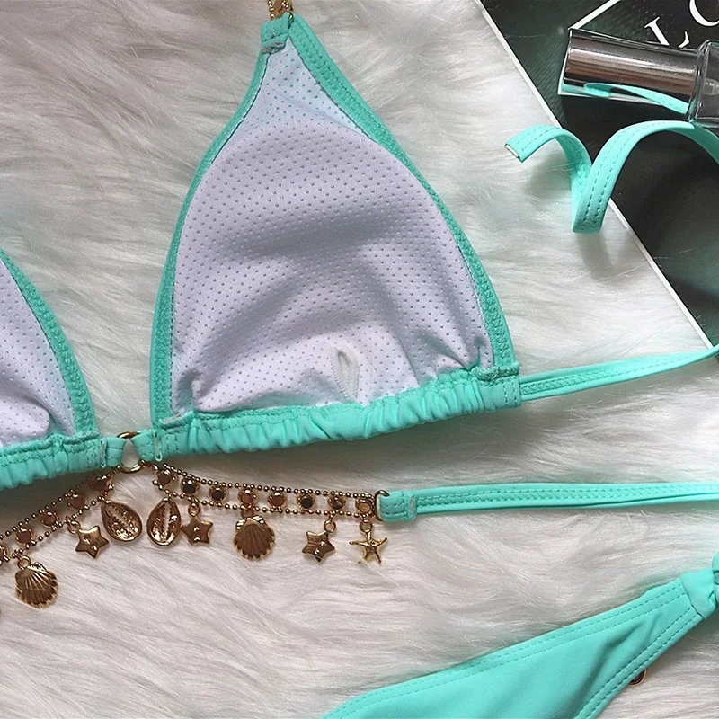 Crystal Rhinestone Mint Halter Bikini
