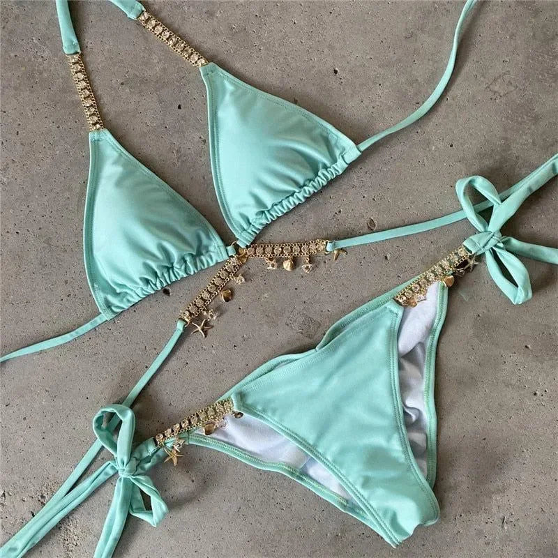 Crystal Rhinestone Mint Halter Bikini