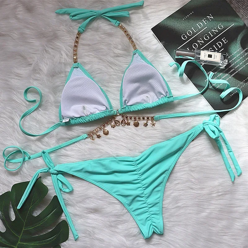 Crystal Rhinestone Mint Halter Bikini