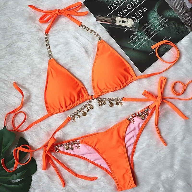Crystal Rhinestone Orange Halter Bikini