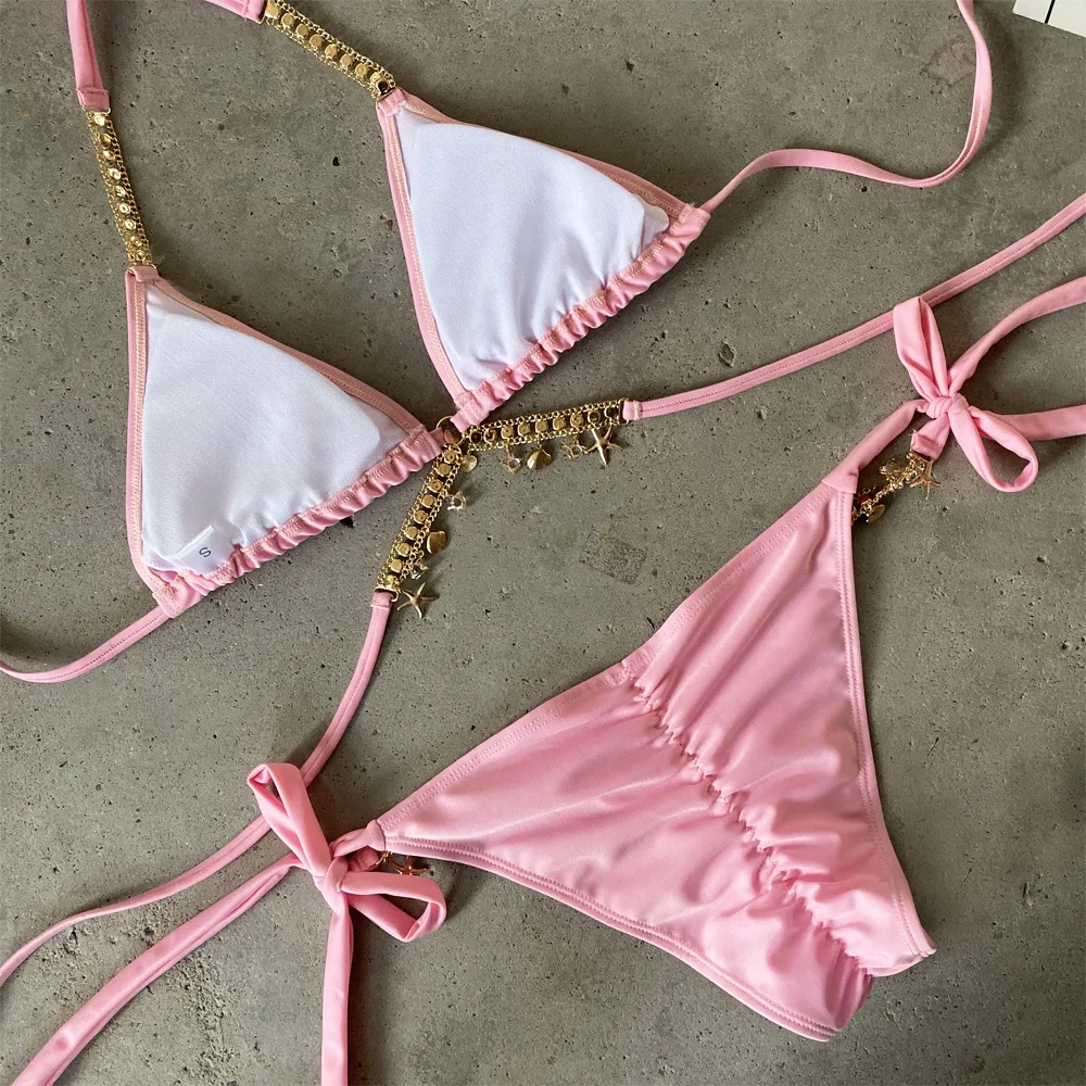 Crystal Rhinestone Pink Halter Bikini