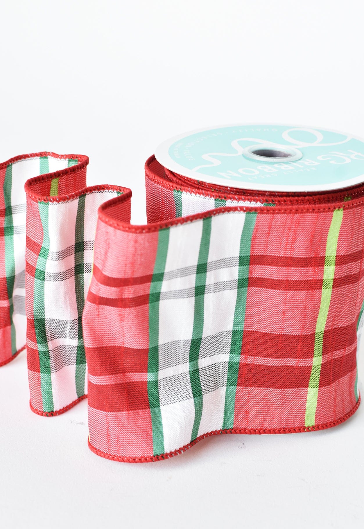 4" x 10yd Red + White + Green Plaid Ribbon