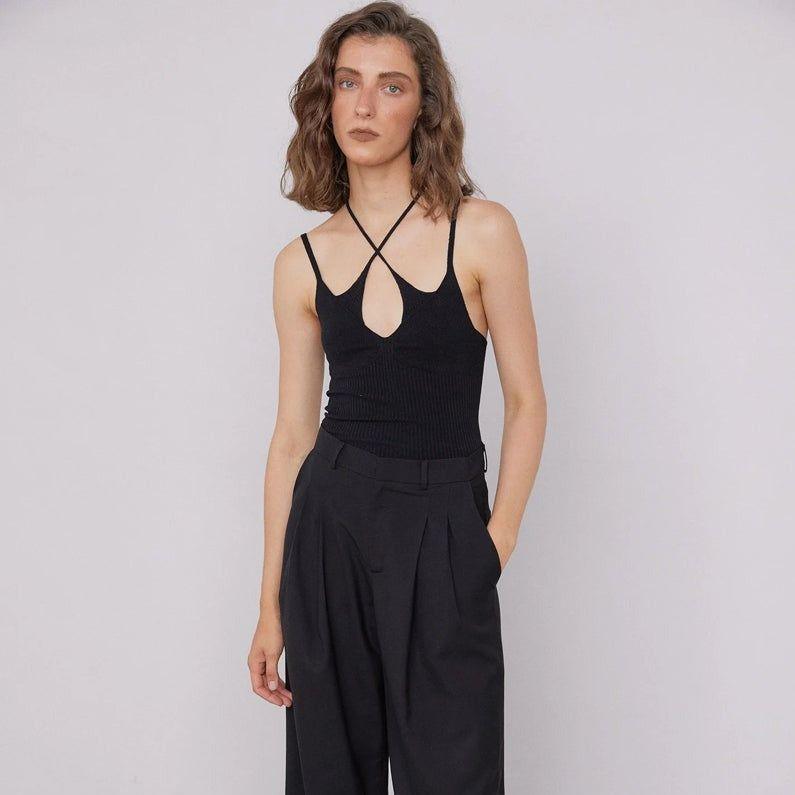 Damian Black Cotton Cross Halter Top