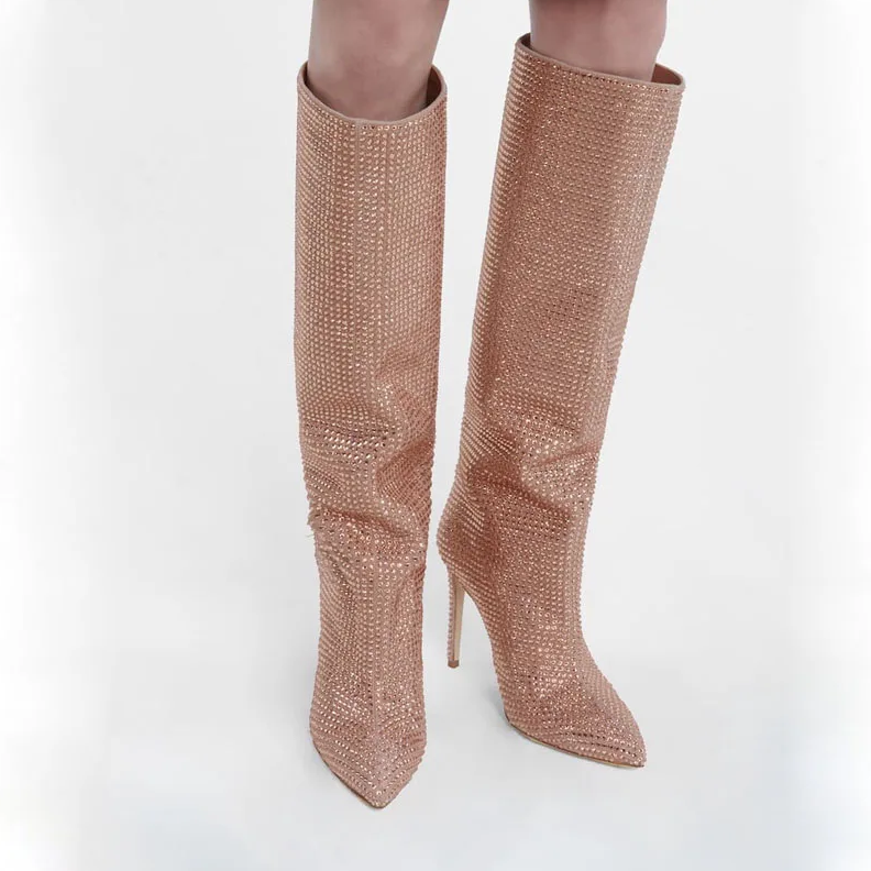 Fashionista Gold Glitter Rhinestone Stiletto Boots
