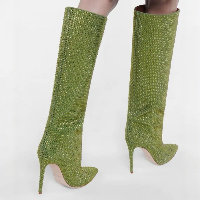 Fashionista Green Rhinestone Stiletto Boots