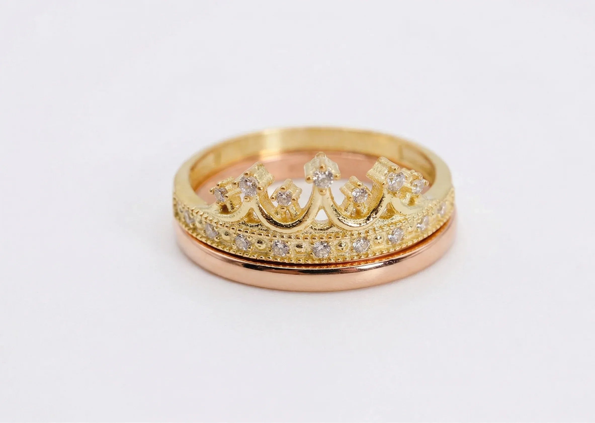Gold Queen Crown Ring with Elegant Rose Band