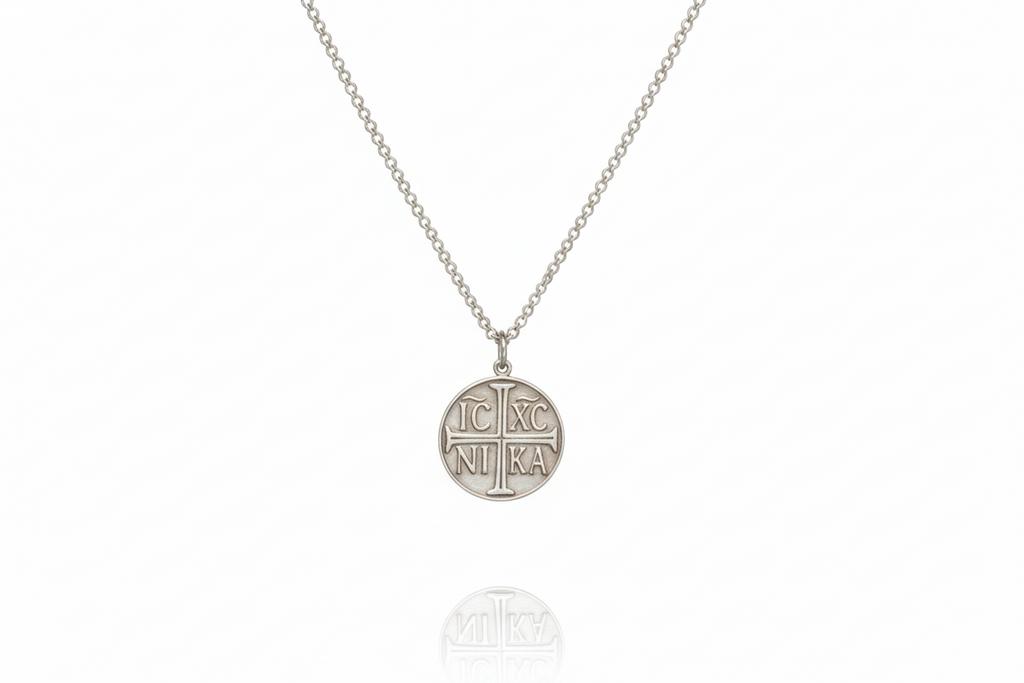 Eastern Orthodox Cross Necklace | Engraved Disc with IC XC NIKA Charm