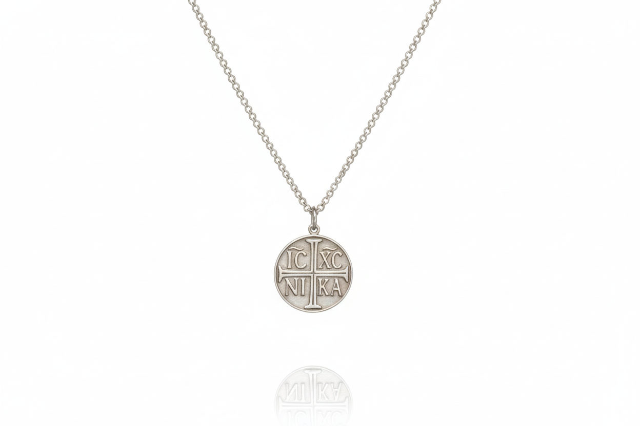 Eastern Orthodox Cross Necklace | Engraved Disc with IC XC NIKA Charm
