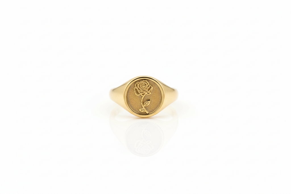 Birth Flower Signet Ring - Personalized Floral Engraving Jewelry