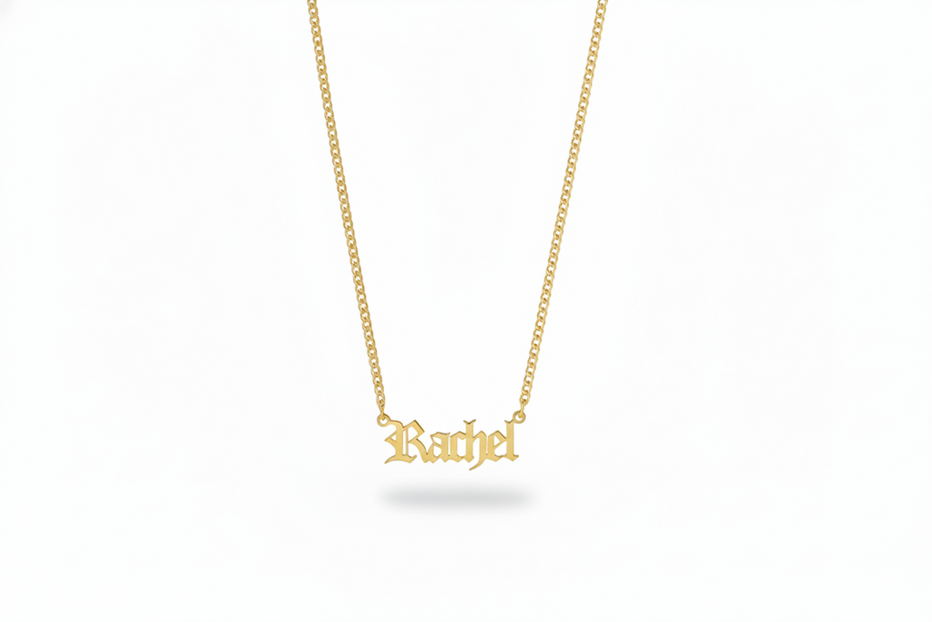 Gothic Old English Name Necklace with Curb Chain in 925 Sterling Silver