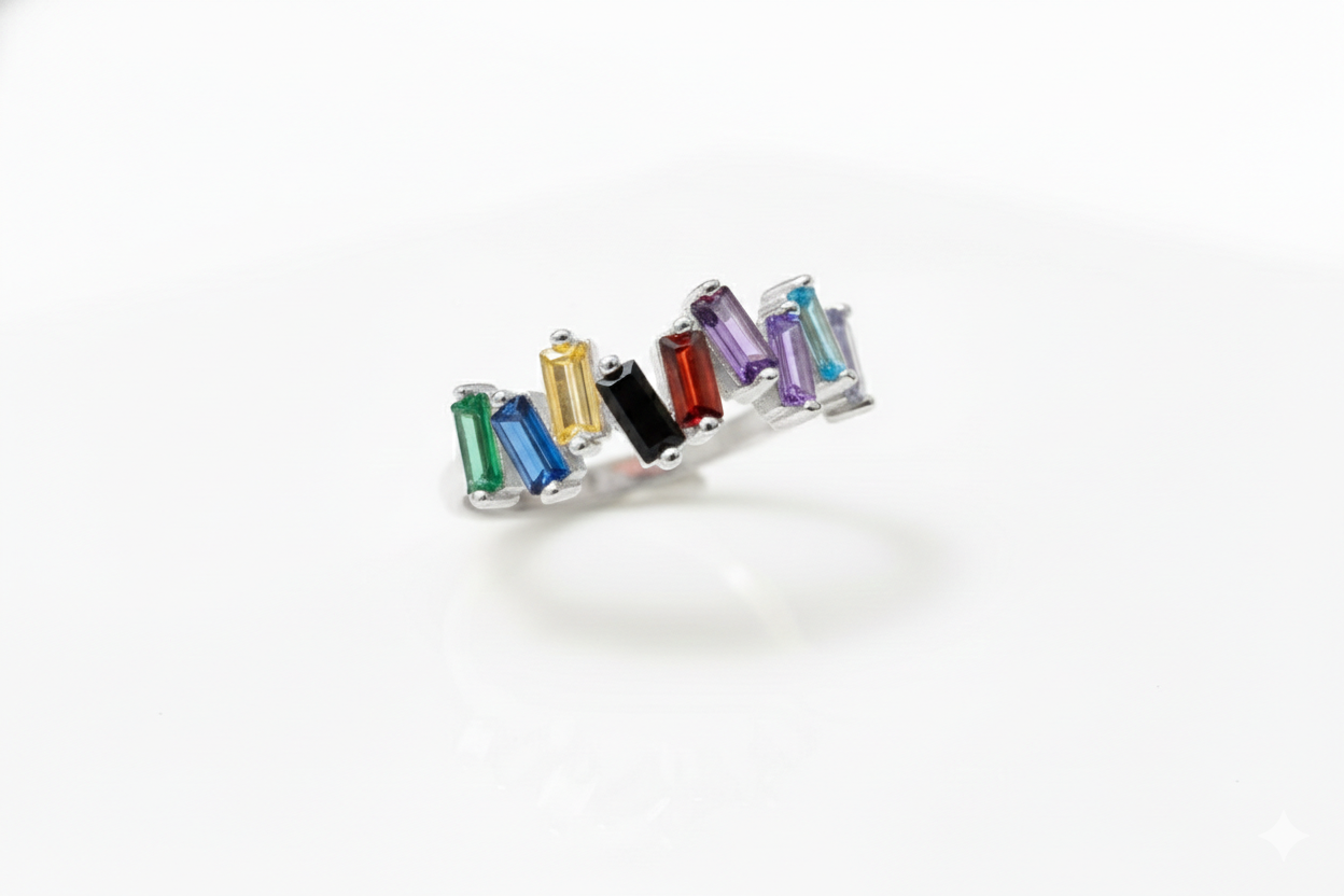Dainty Baguette Ring with Multicolor Gemstones in 925 Sterling Silver