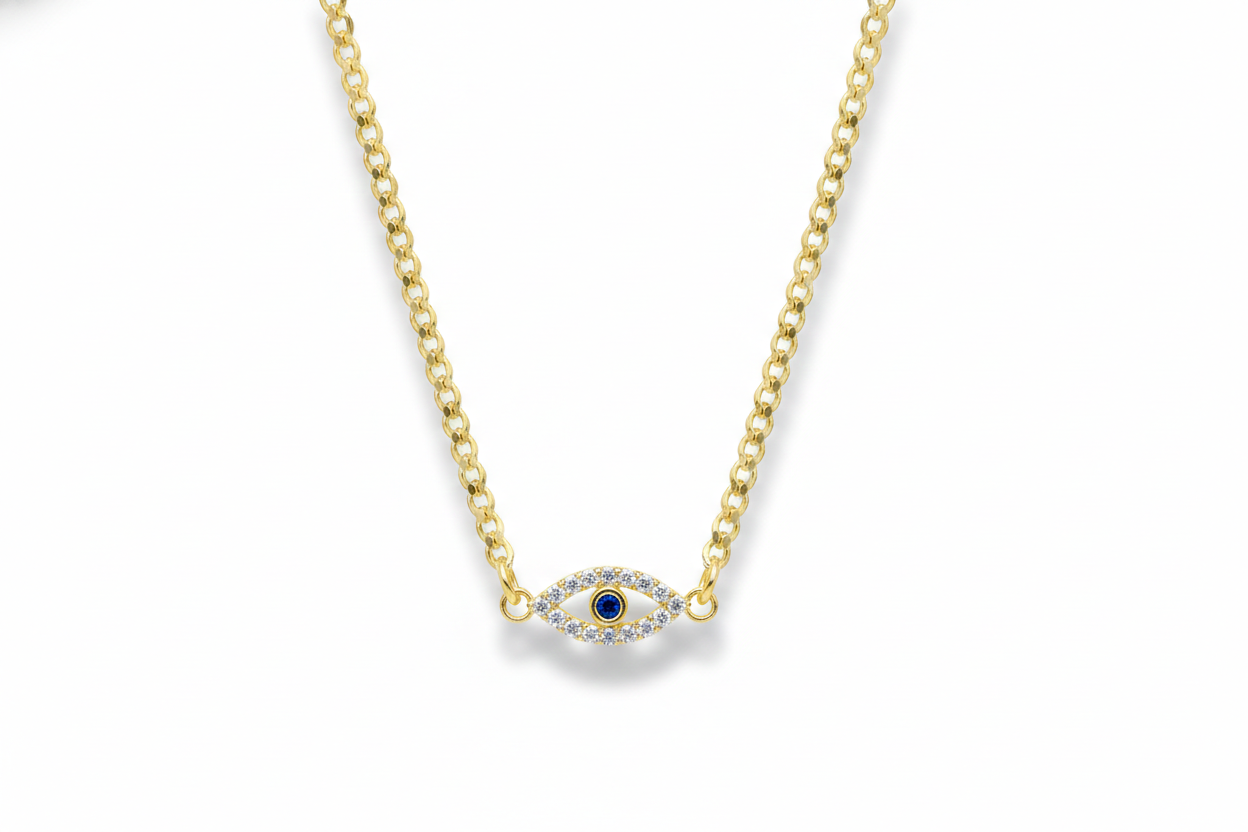 Evil Eye Charm Necklace with Curb Chain in 925 Sterling Silver
