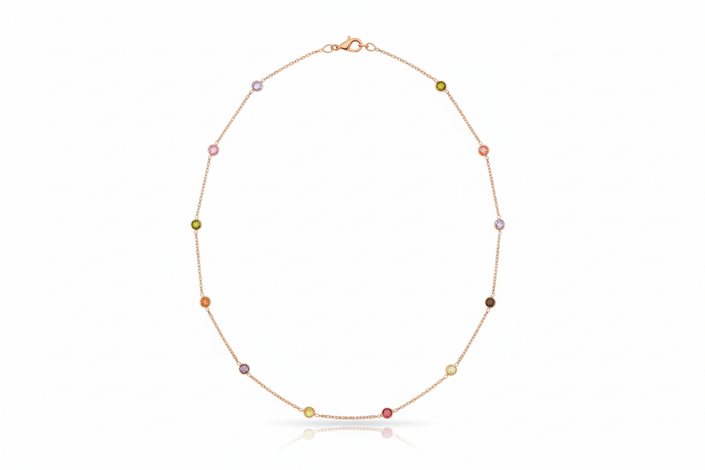 Dainty Rainbow Crystal Gemstone Necklace in 925 Sterling Silver, Gold, and Rose