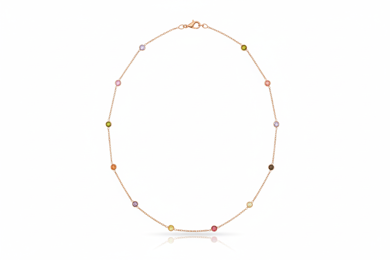 Dainty Rainbow Crystal Gemstone Necklace in 925 Sterling Silver, Gold, and Rose