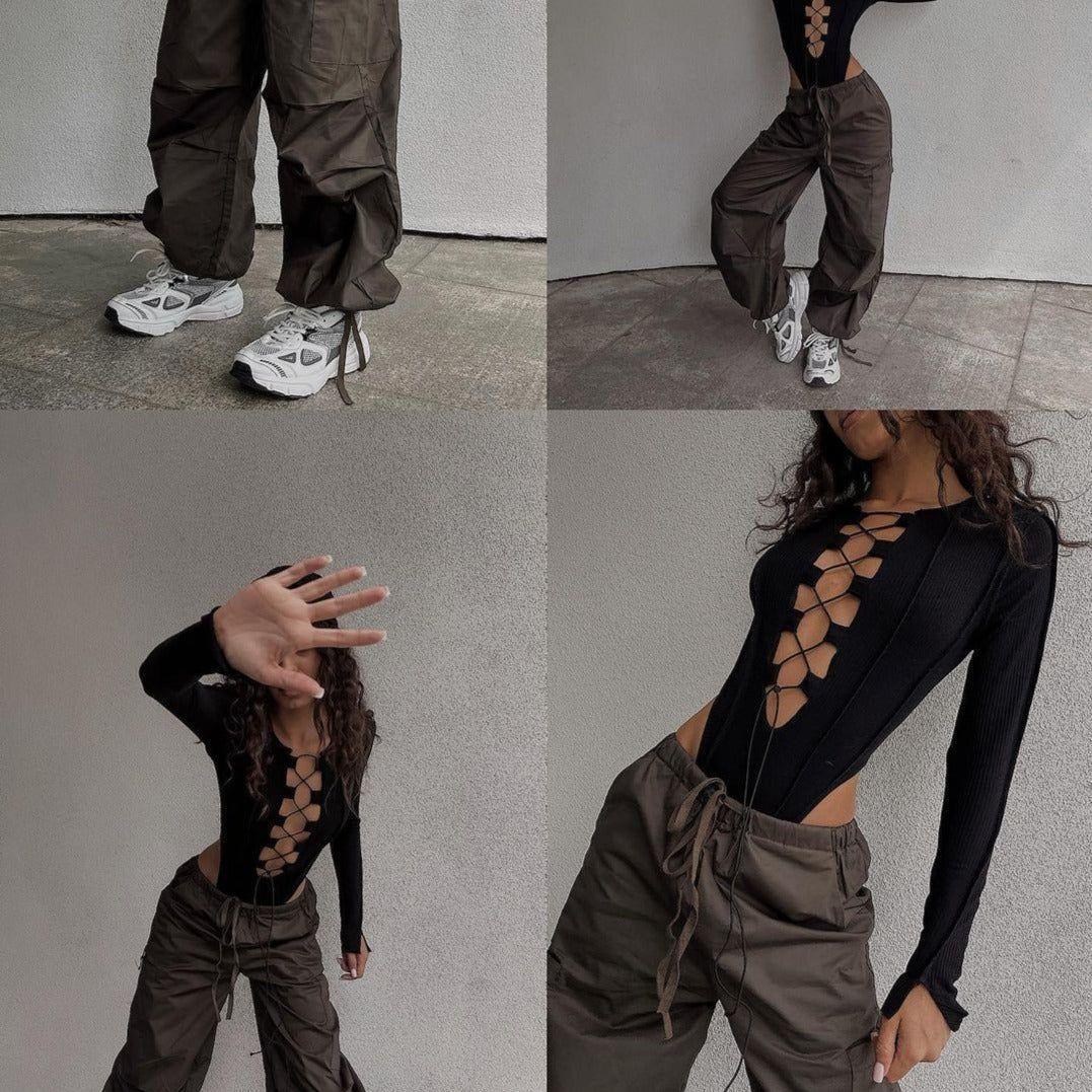 Girls Power Black Ribbed Lace-Up Bodysuit