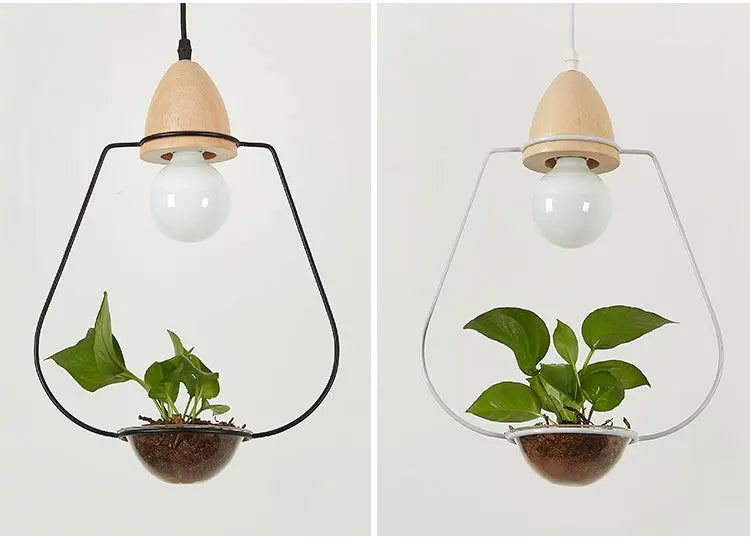 Art Deco LED Plant Pendant Light Wood Base Rustic Hanging Lamp for Dining Cafe Bar