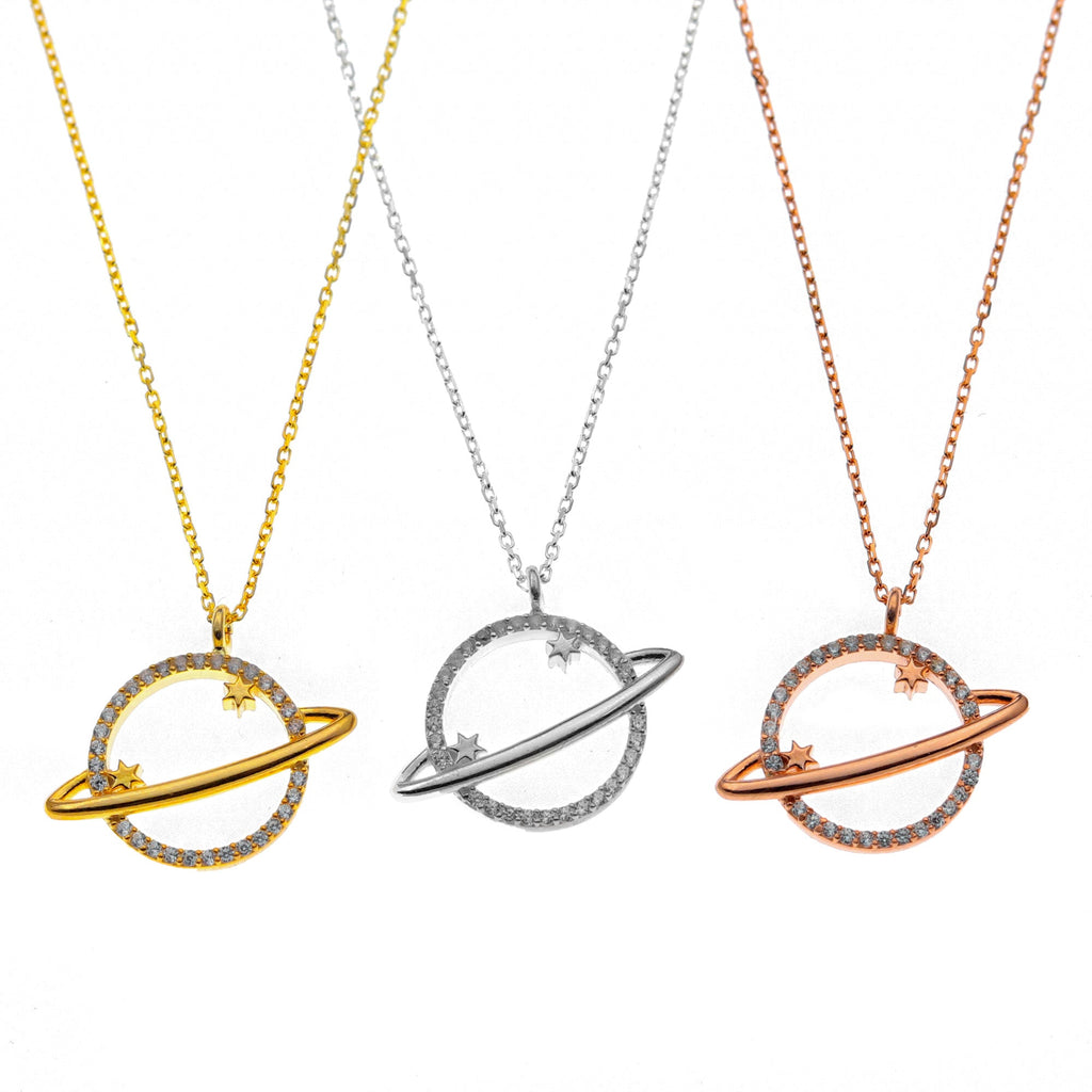 Stellar Silver Saturn Pendant Necklace - Embrace Your Cosmic Journey