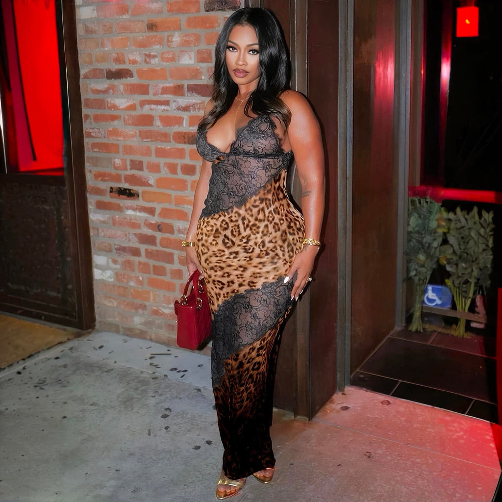 Hour To Shine Leopard Lace Panel Maxi Dress
