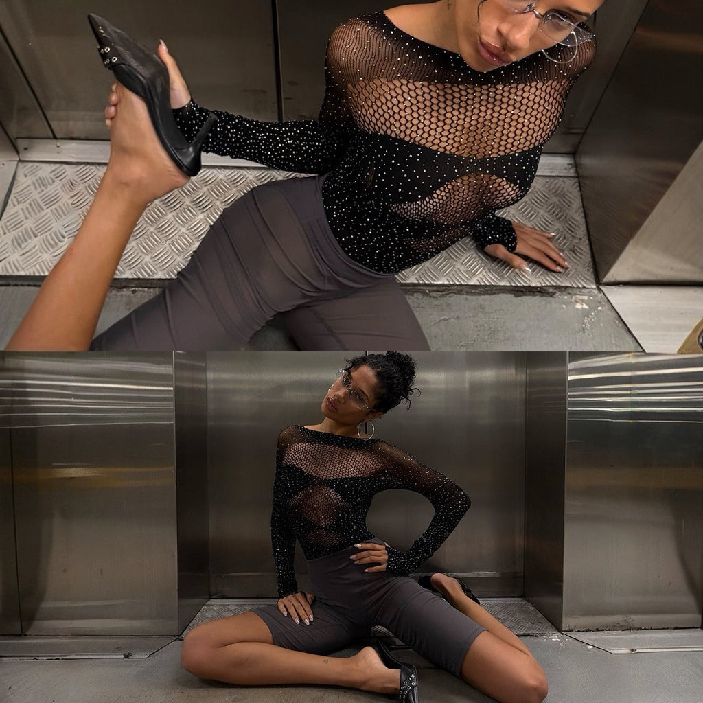 Supernova Rhinestone Embellished Black Bodysuit