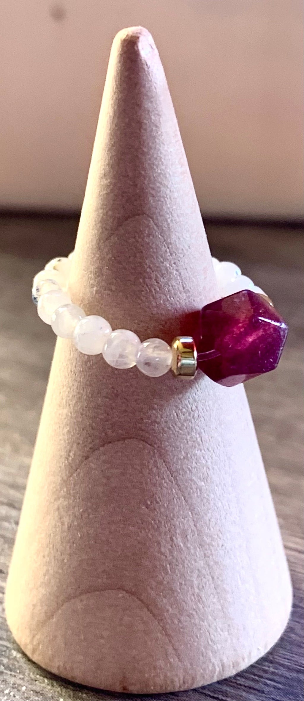 Linda Handmade Moonstone, Red Chalcedony, and Gold Plated Hematite Expandable Ring