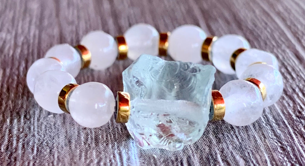 Mia Handmade Raw Light Blue Topaz, Rainbow Moonstone, and Hematite Expandable Ring