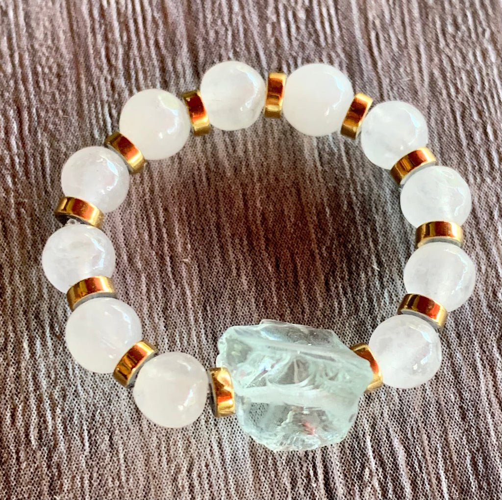 Mia Handmade Raw Light Blue Topaz, Rainbow Moonstone, and Hematite Expandable Ring