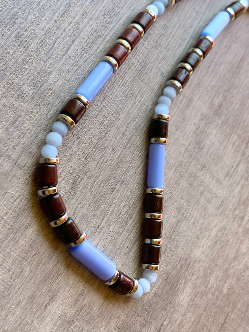Morgan Handmade Cats Eye, Wood, and Brass 25" Beaded Necklace