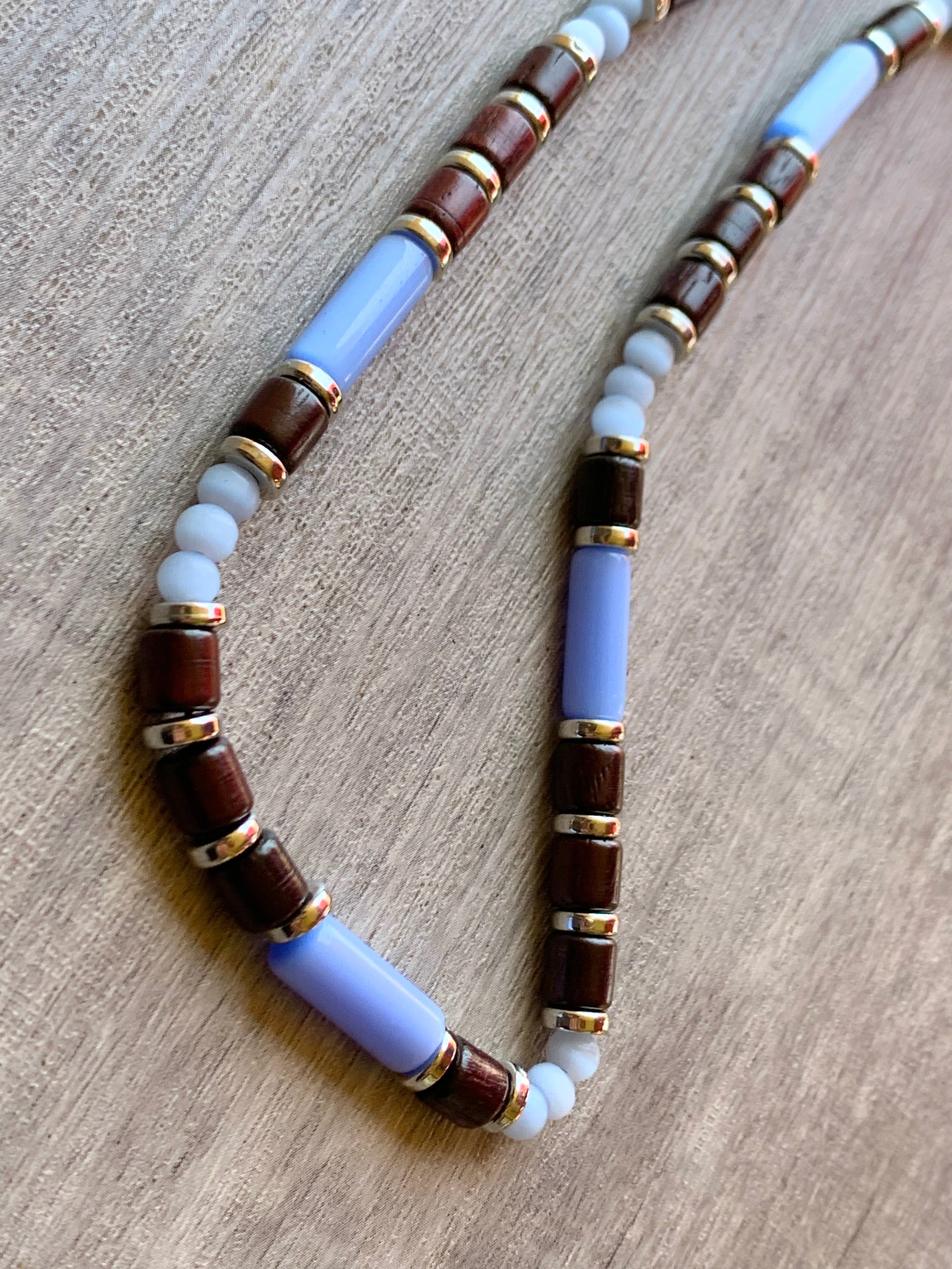 Morgan Handmade Cats Eye, Wood, and Brass 25" Beaded Necklace