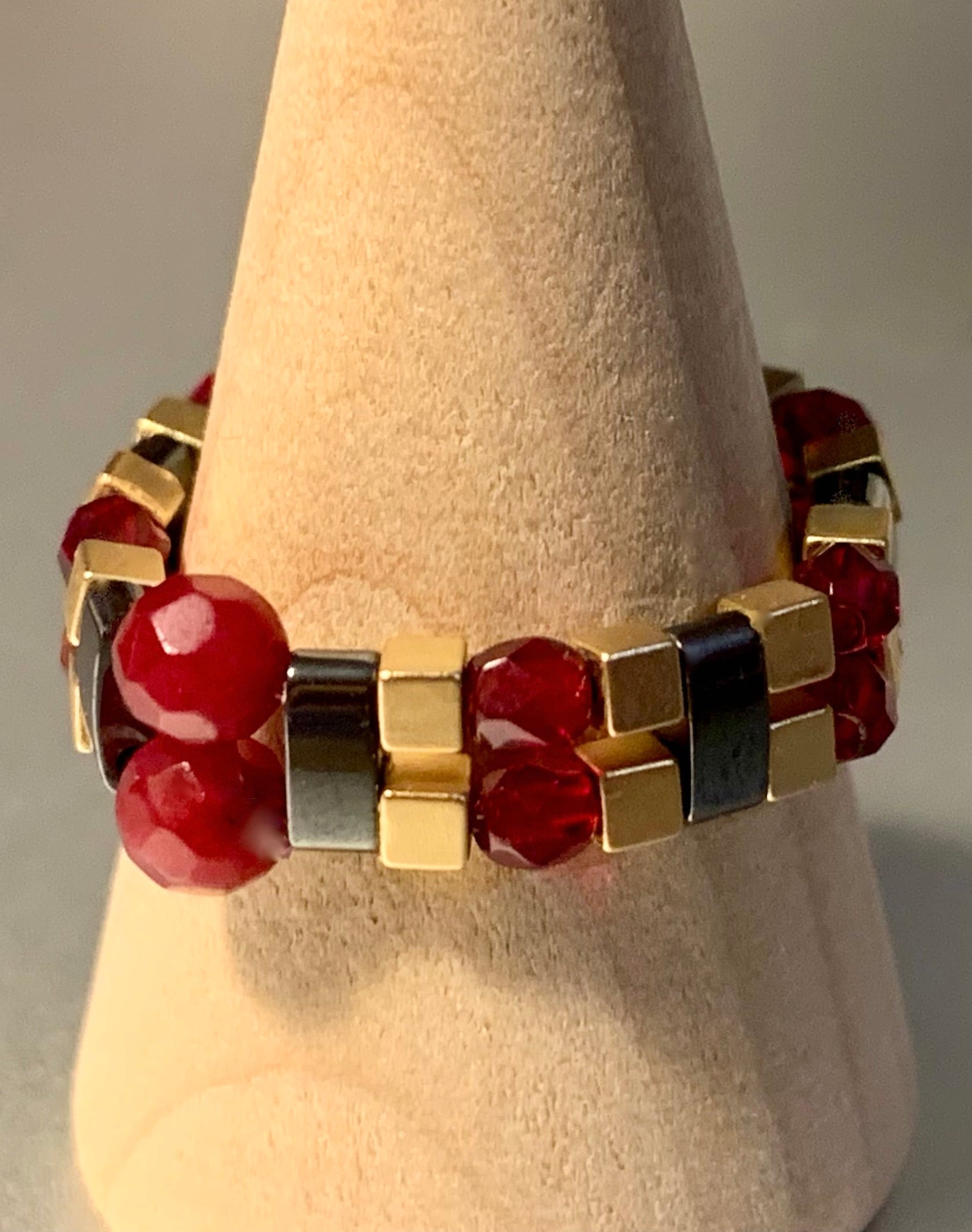 Reina Handmade Ruby, Gold and Black Hematite Expandable Ring (Size 8-8.5)
